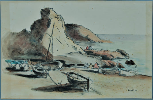 EMILI BOSCH I ROGER | COVE ON THE COSTA BRAVA WITH BOATS | CATALAN LANDSCAPE | WATERCOLOR ON PAPER
