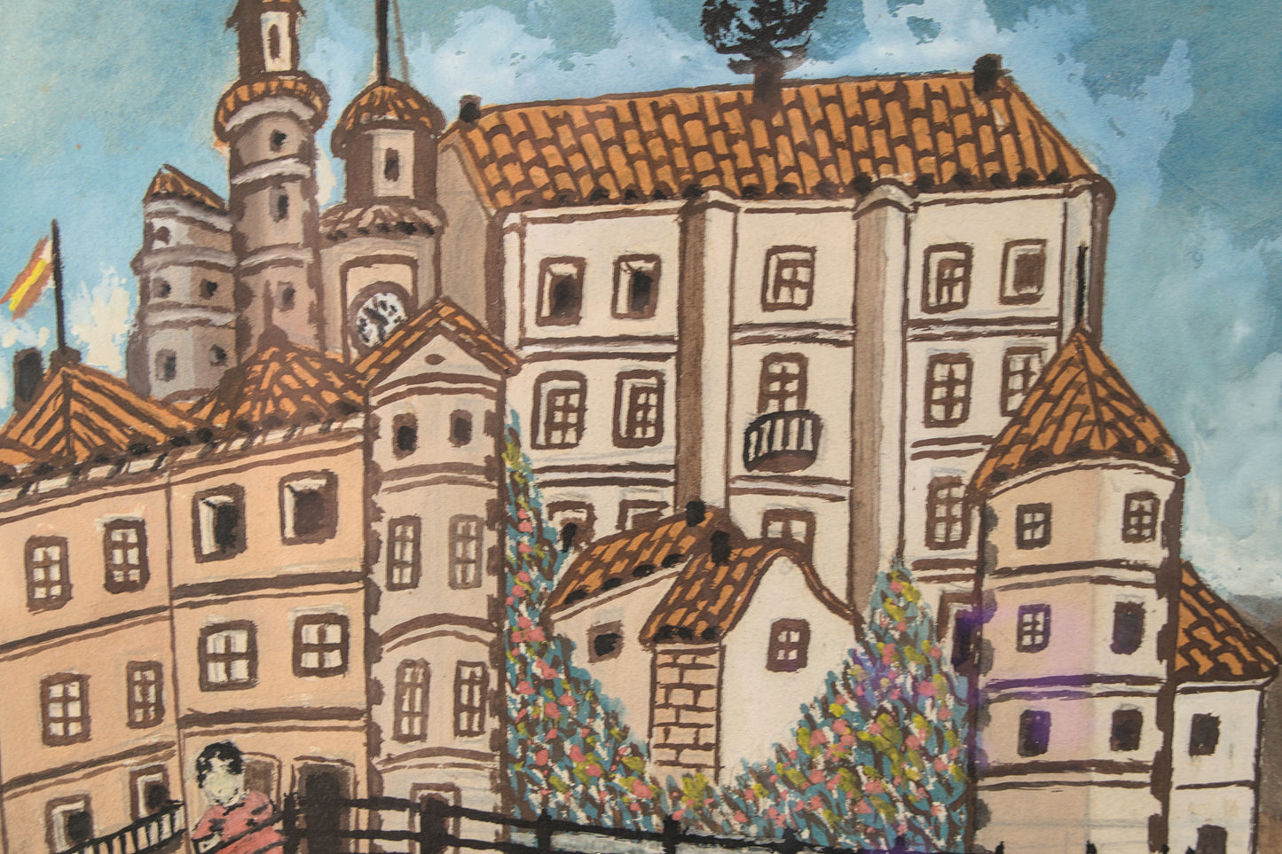 Firma a Interpretar | Paisaje Naíf con Castillo y Calvario | Gouache | 1950