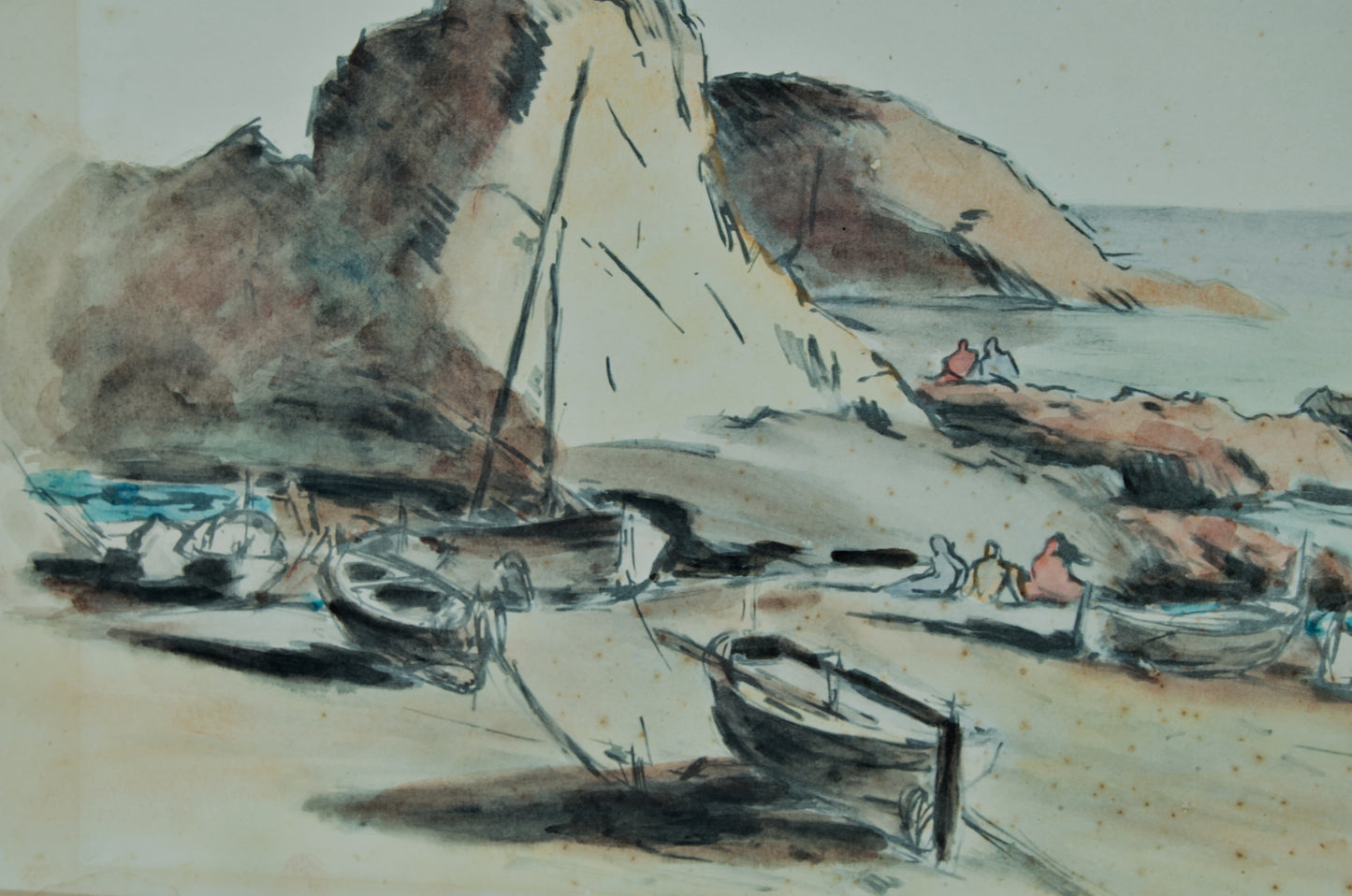 EMILI BOSCH I ROGER | BUCHT AN DER COSTA BRAVA MIT BOOTEN | KATALANISCHE LANDSCHAFT | AQUARELL AUF PAPIER