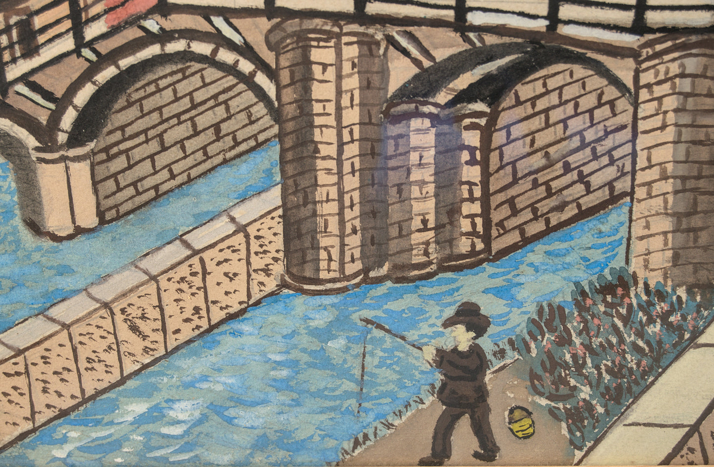 Firma a Interpretar | Paisaje Naíf con Castillo y Calvario | Gouache | 1950