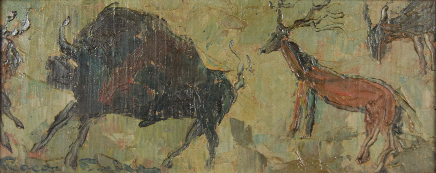 ROCA FREIXAS | HOMMAGE AN LASCAUX: FRIEZE VON BISON UND HIRSCH | MATERIALPRIMATIVISMUS | ÖL AUF LEINWAND