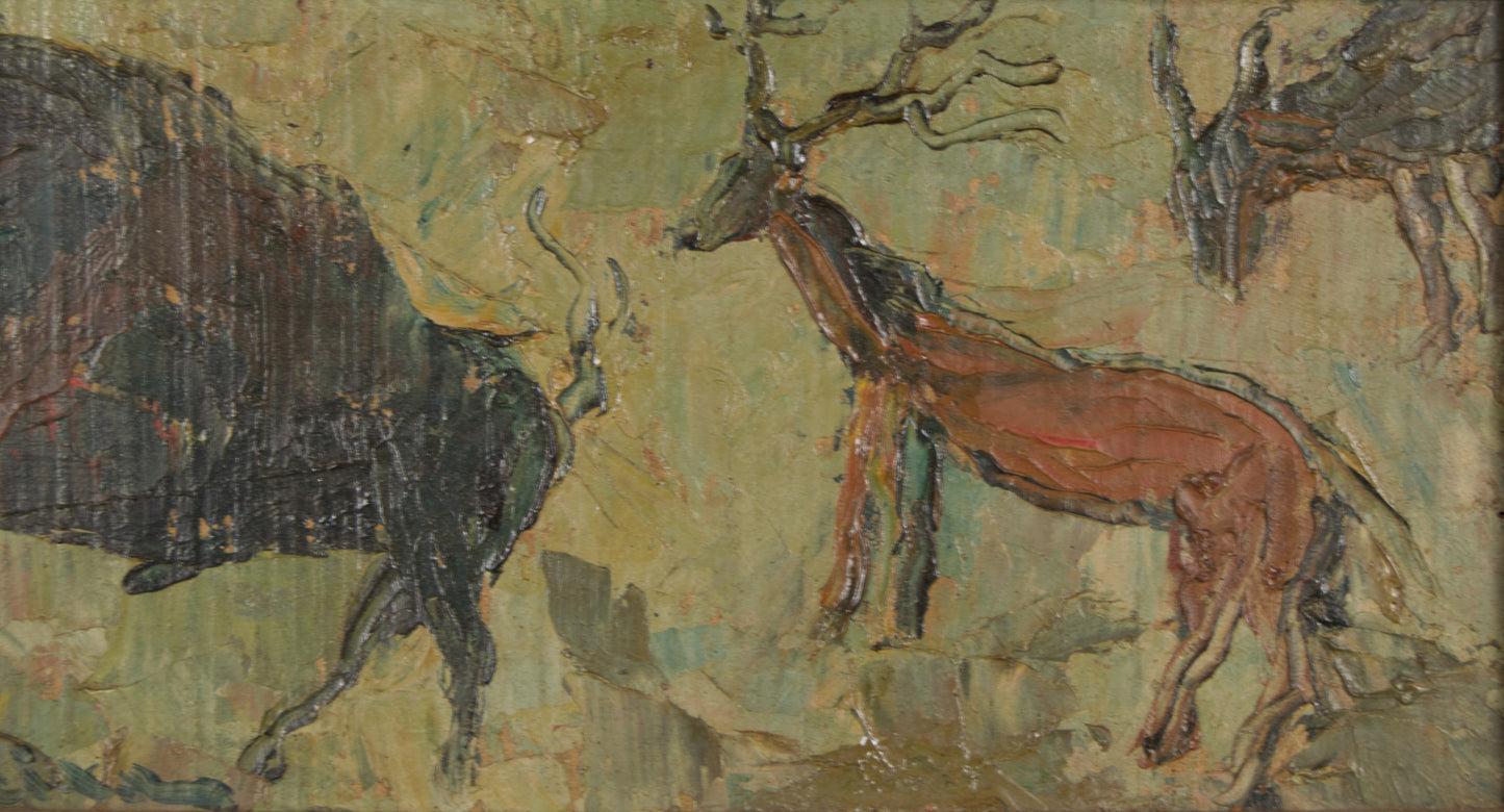 ROCA FREIXAS | HOMMAGE AN LASCAUX: FRIEZE VON BISON UND HIRSCH | MATERIALPRIMATIVISMUS | ÖL AUF LEINWAND