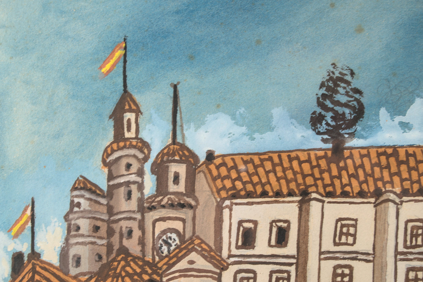 Firma a Interpretar | Paisaje Naíf con Castillo y Calvario | Gouache | 1950