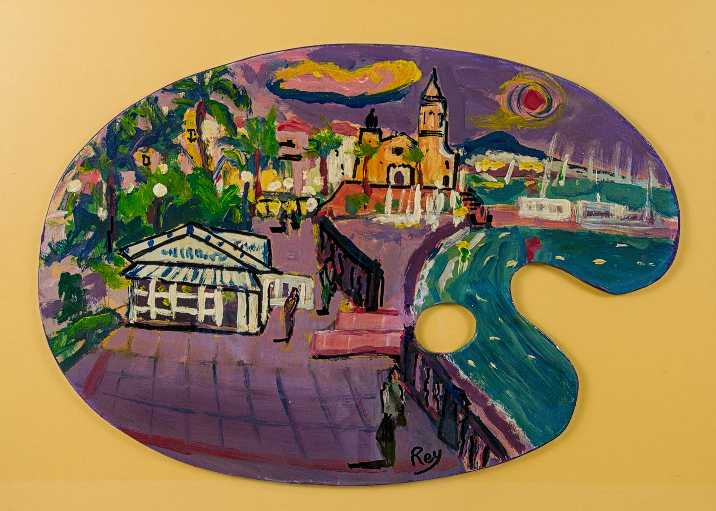 Javier Rey | Vista de Sitges sobre Paleta de Pintor | Óleo sobre tabla | Expresionismo Colorista