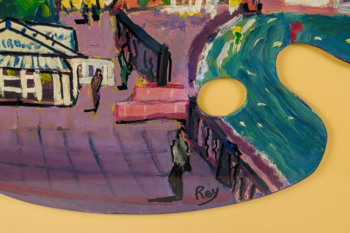 Javier Rey | Vista de Sitges sobre Paleta de Pintor | Óleo sobre tabla | Expresionismo Colorista