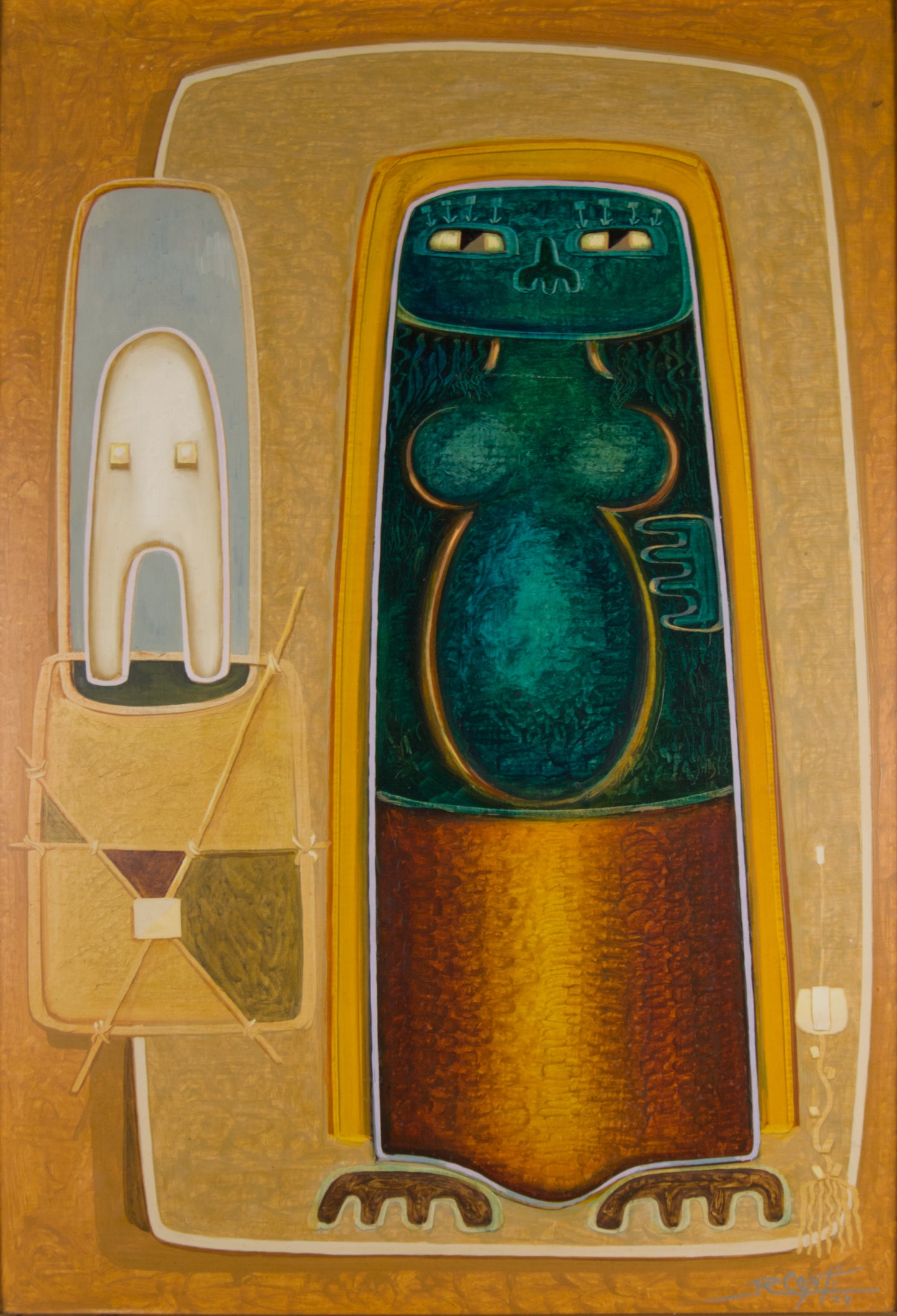 RAÚL CONTI | GEOMETRISCHE FIGURATION | KONSTRUKTIVISMUS MIT PRÄKOLUMBIANISCHEN WURZELN | ÖL AUF TAFEL