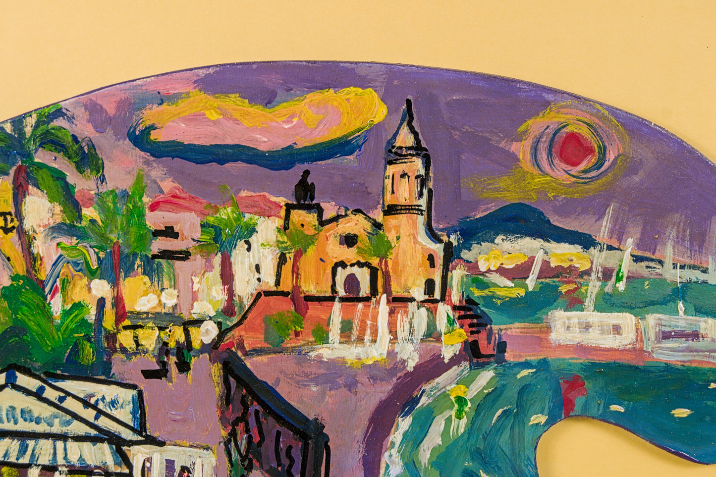 Javier Rey | Vista de Sitges sobre Paleta de Pintor | Óleo sobre tabla | Expresionismo Colorista