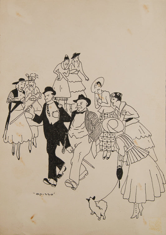 RICARD OPISSO | SEÑORES Y SEÑORAS PASEANDO (LA BELLE ÉPOQUE) | DIBUJO ORIGINAL A TINTA | COSTUMBRISMO CATALÁN