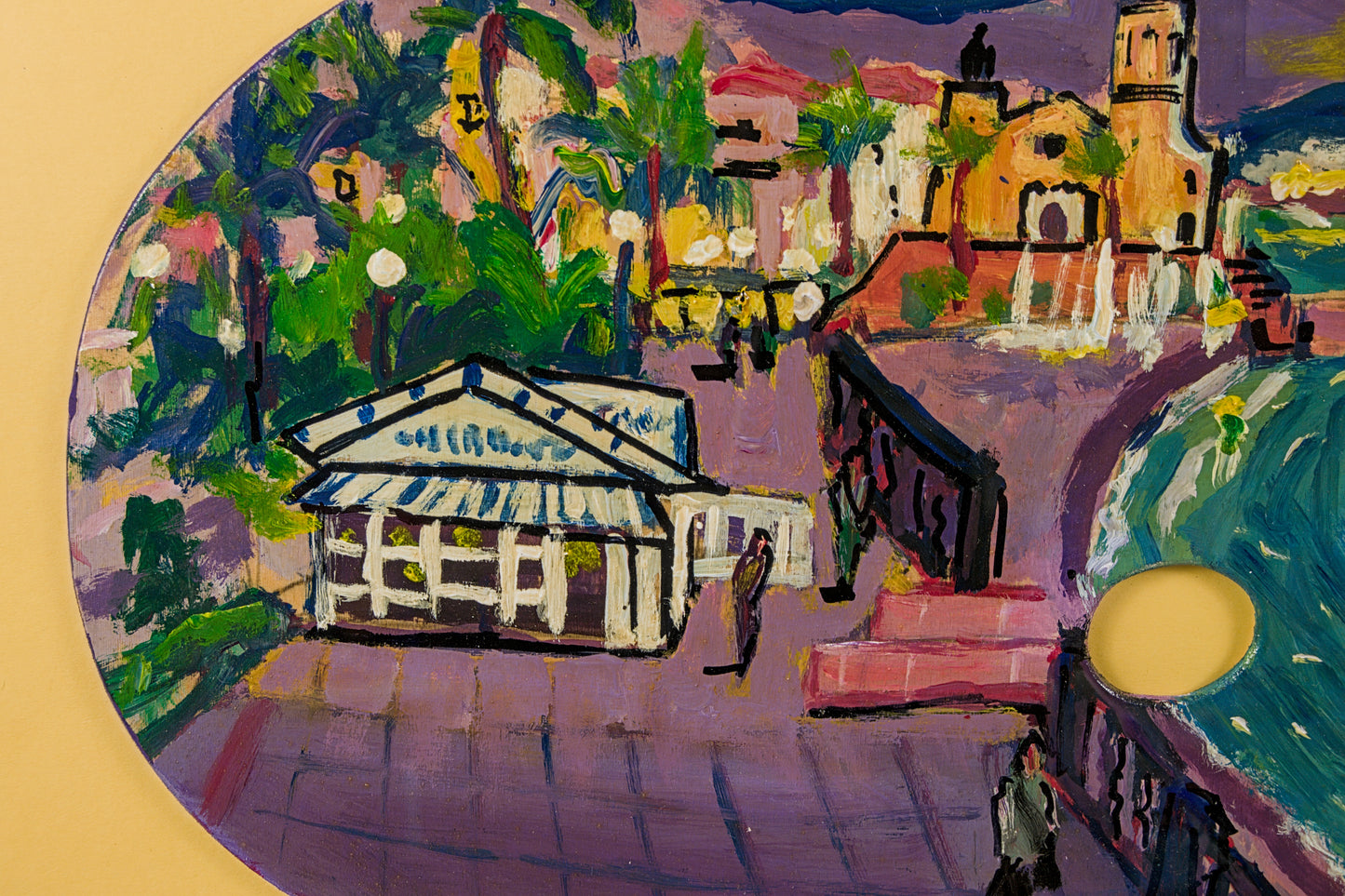 Javier Rey | Vista de Sitges sobre Paleta de Pintor | Óleo sobre tabla | Expresionismo Colorista