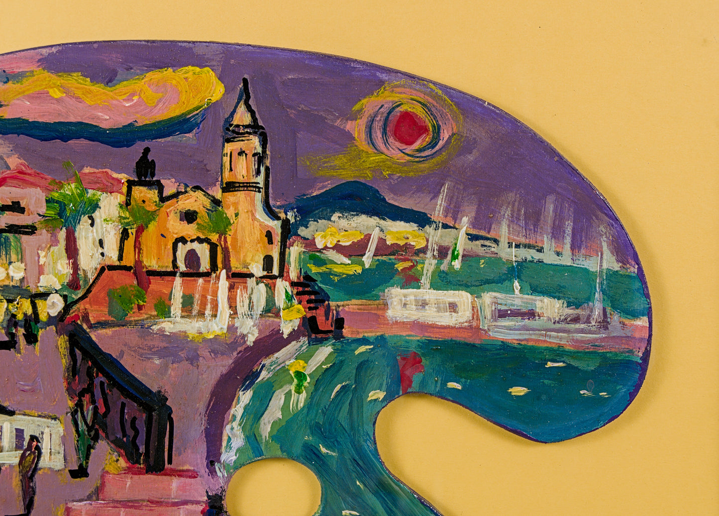 Javier Rey | Vista de Sitges sobre Paleta de Pintor | Óleo sobre tabla | Expresionismo Colorista