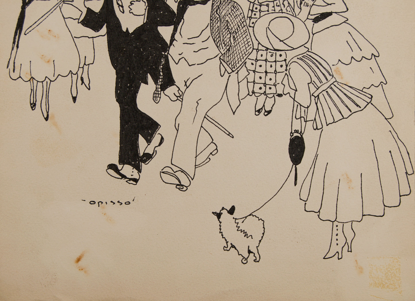 RICARD OPISSO | SEÑORES Y SEÑORAS PASEANDO (LA BELLE ÉPOQUE) | DIBUJO ORIGINAL A TINTA | COSTUMBRISMO CATALÁN