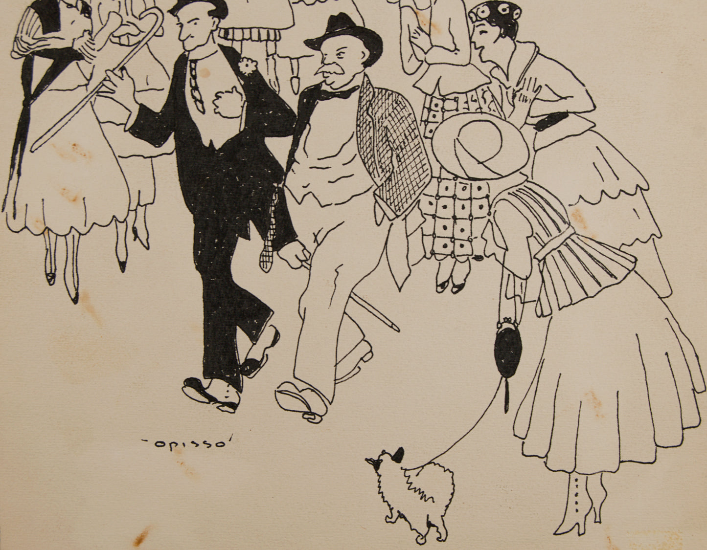 RICARD OPISSO | SEÑORES Y SEÑORAS PASEANDO (LA BELLE ÉPOQUE) | DIBUJO ORIGINAL A TINTA | COSTUMBRISMO CATALÁN