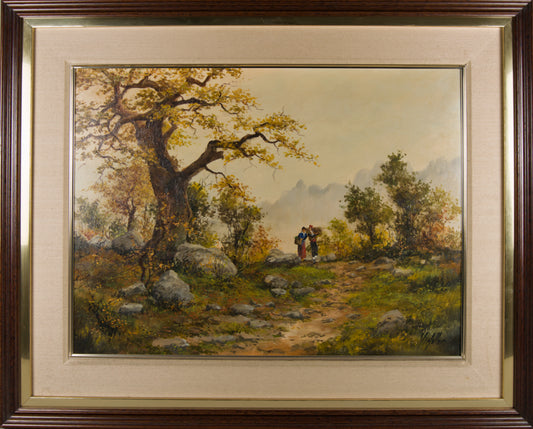 FRANCESC VIDALLER | HERBSTLANDSCHAFT MIT BAUERNPAAR | KATALANISCHE SCHULE | ÖL AUF LEINWAND (1925)