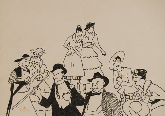 RICARD OPISSO | SEÑORES Y SEÑORAS PASEANDO (LA BELLE ÉPOQUE) | DIBUJO ORIGINAL A TINTA | COSTUMBRISMO CATALÁN