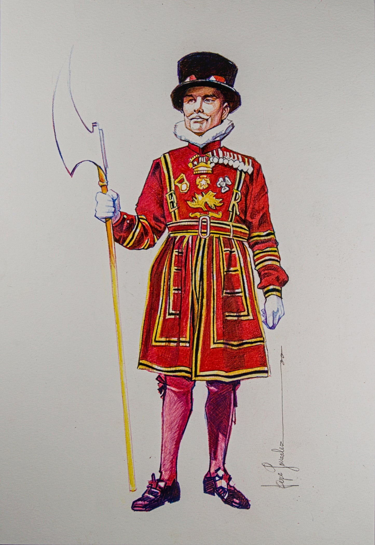 PEPE GONZÁLEZ | YEOMAN WARDER (BEEFEATER) | ILUSTRACIÓN FIGURATIVA | TÉCNICA MIXTA ORIGINAL SOBRE PAPEL