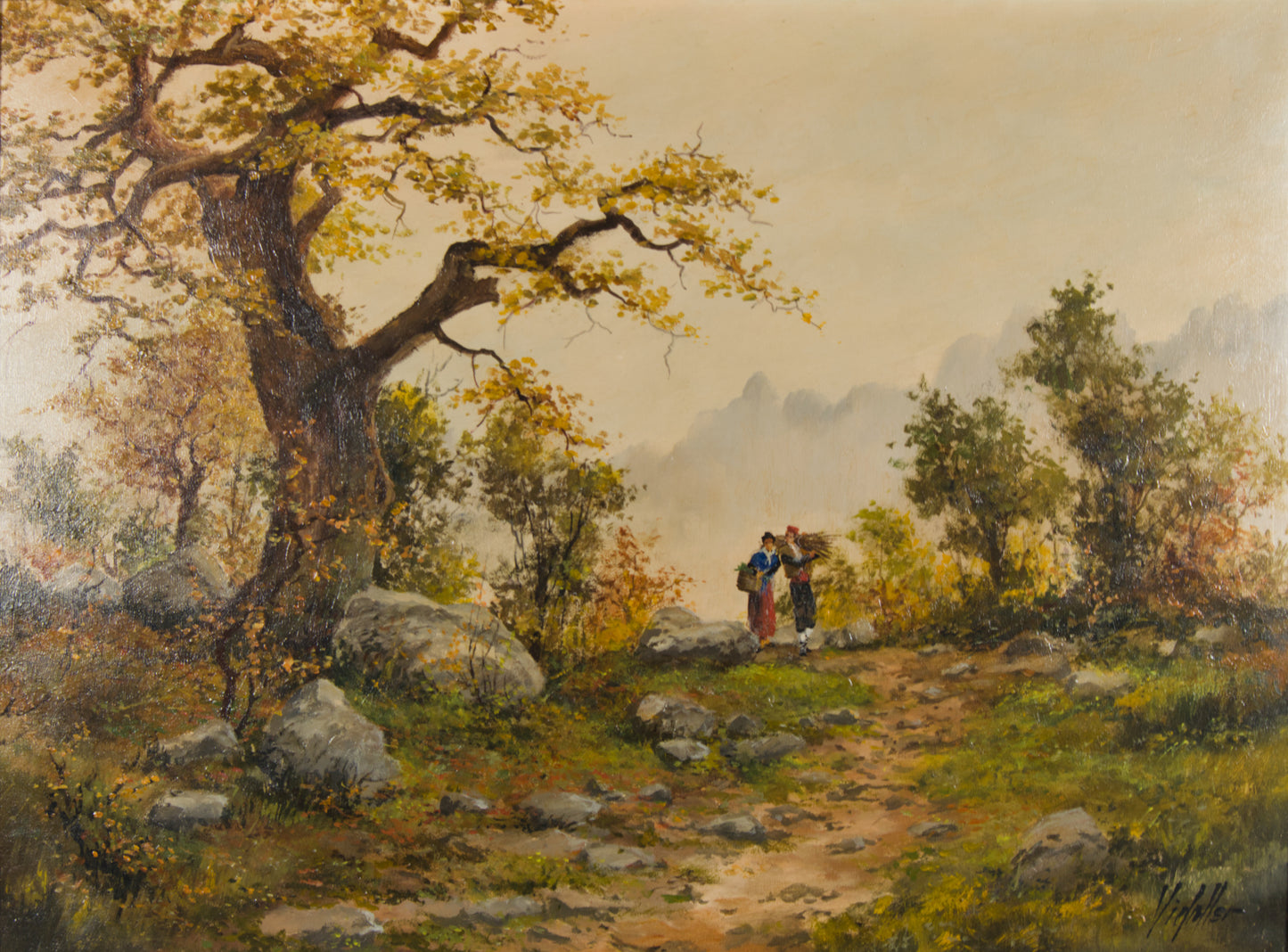 FRANCESC VIDALLER | HERBSTLANDSCHAFT MIT BAUERNPAAR | KATALANISCHE SCHULE | ÖL AUF LEINWAND (1925)