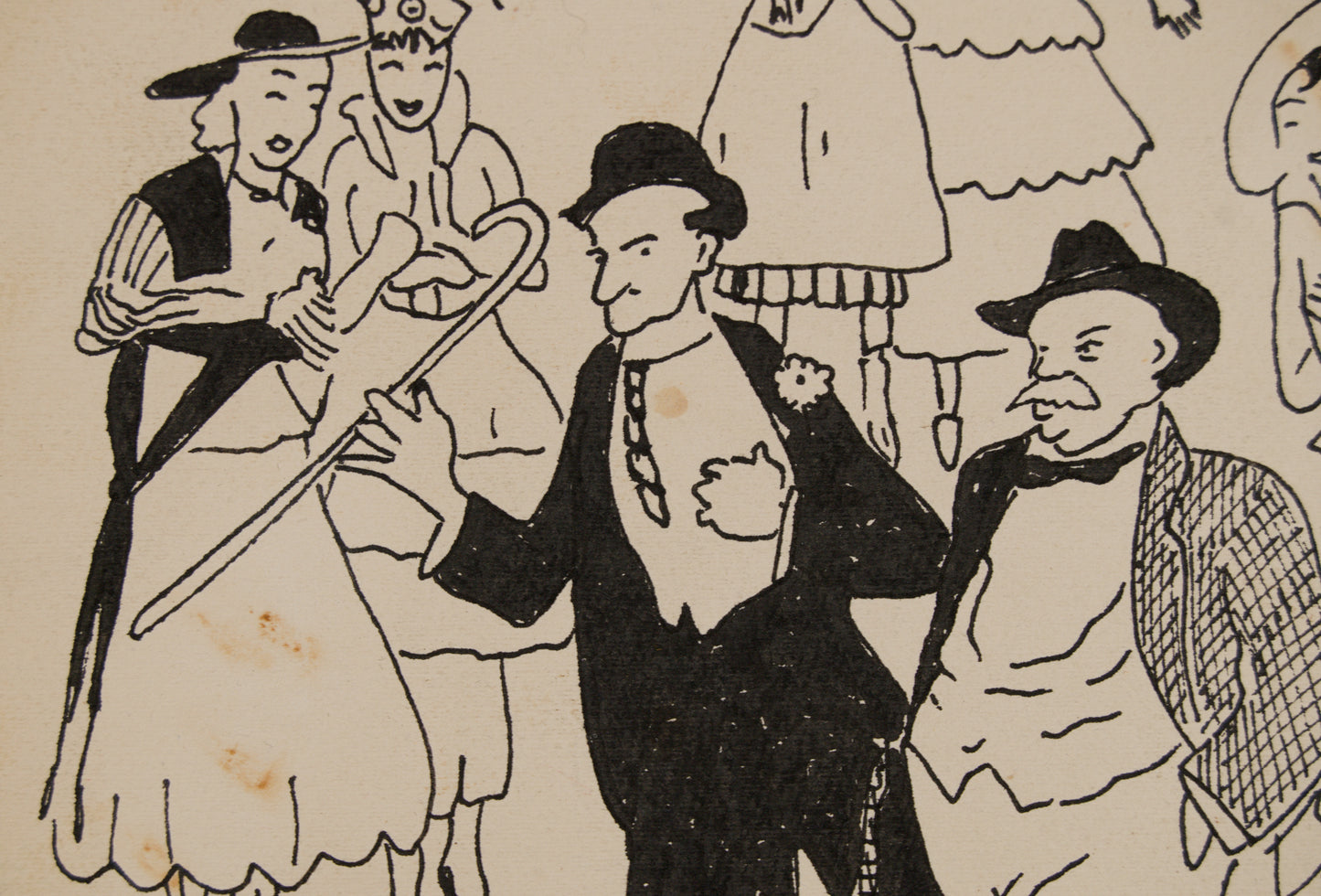 RICARD OPISSO | SEÑORES Y SEÑORAS PASEANDO (LA BELLE ÉPOQUE) | DIBUJO ORIGINAL A TINTA | COSTUMBRISMO CATALÁN