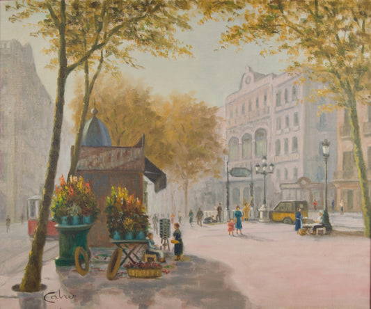 JOSEP CABRER BORRELL | LAS RAMBLAS: BLUMENSTÄNDE UND STÄDTISCHES LEBEN | KATALANISCHER Impressionismus | ÖL AUF LEINWAND