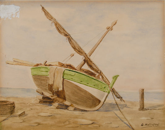 LLUÍS MALLAFRÉ GUASCH | BARCO VARADO EN LA ARENA | ESCUELA DE VILANOVA | ACUARELA SOBRE PAPEL