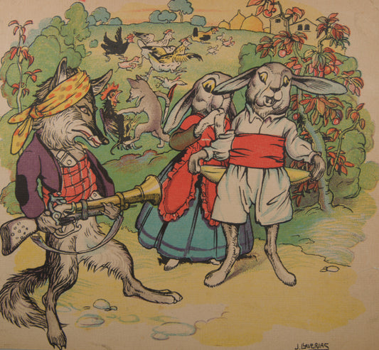 JOAN LLAVERÍAS | EL LOBO CAZADOR Y LOS CONEJOS | ILUSTRACIÓN A COLOR | MODERNISMO CATALÁN