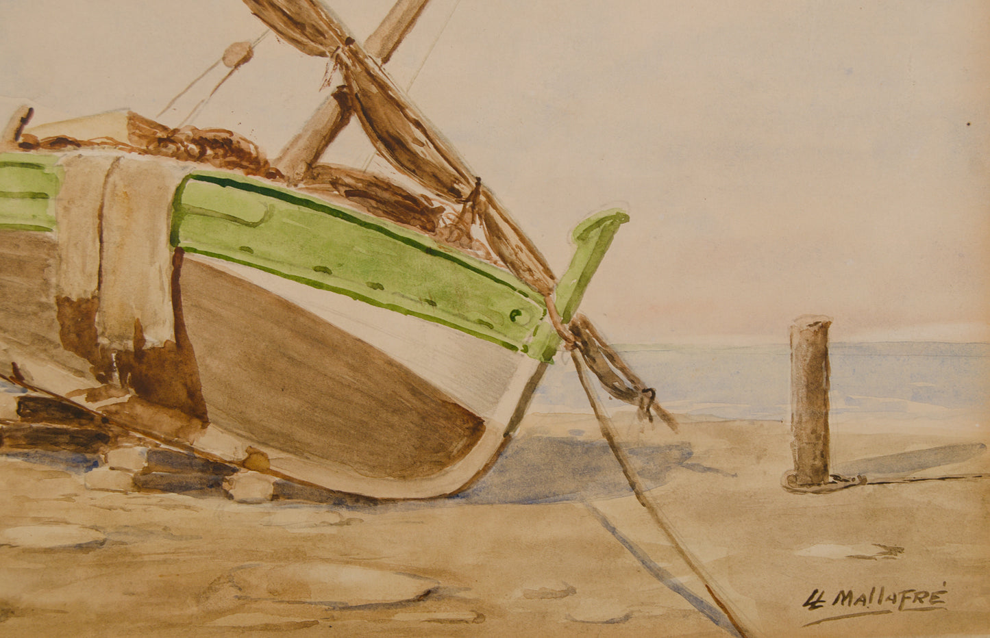 LLUÍS MALLAFRÉ GUASCH | BARCO VARADO EN LA ARENA | ESCUELA DE VILANOVA | ACUARELA SOBRE PAPEL
