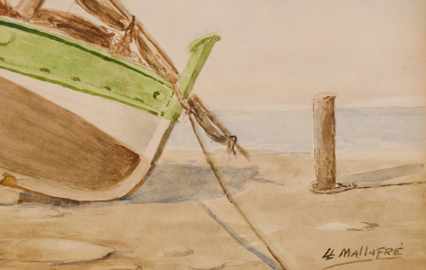 LLUÍS MALLAFRÉ GUASCH | BARCO VARADO EN LA ARENA | ESCUELA DE VILANOVA | ACUARELA SOBRE PAPEL
