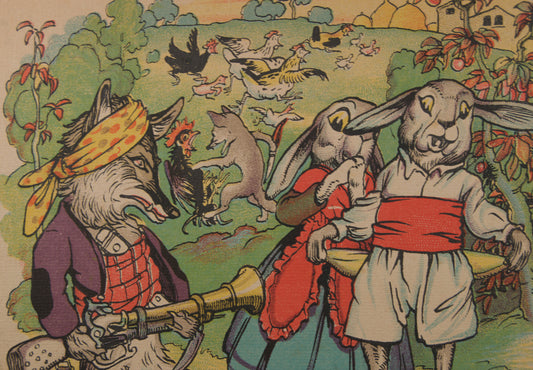 JOAN LLAVERÍAS | EL LOBO CAZADOR Y LOS CONEJOS | ILUSTRACIÓN A COLOR | MODERNISMO CATALÁN