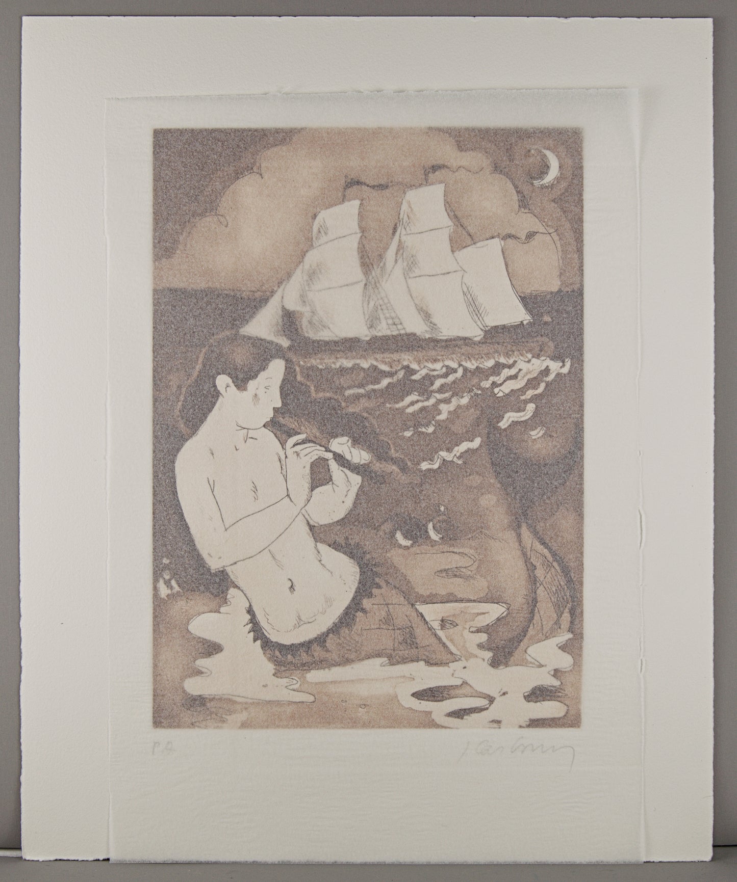 J. CARBONELL | LA SIRENA Y EL VELERO (MITOLOGÍA MARÍTIMA) | PRUEBA DE AUTOR (P.A.) | AGUAFUERTE EN SEPIA