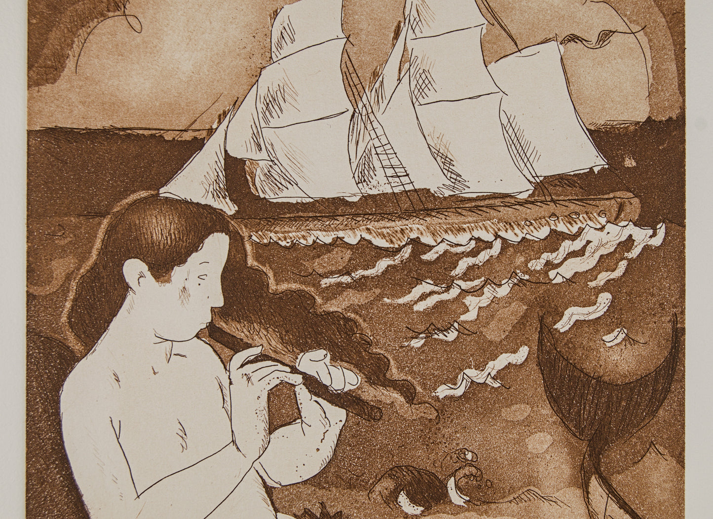 J. CARBONELL | LA SIRENA Y EL VELERO (MITOLOGÍA MARÍTIMA) | PRUEBA DE AUTOR (P.A.) | AGUAFUERTE EN SEPIA