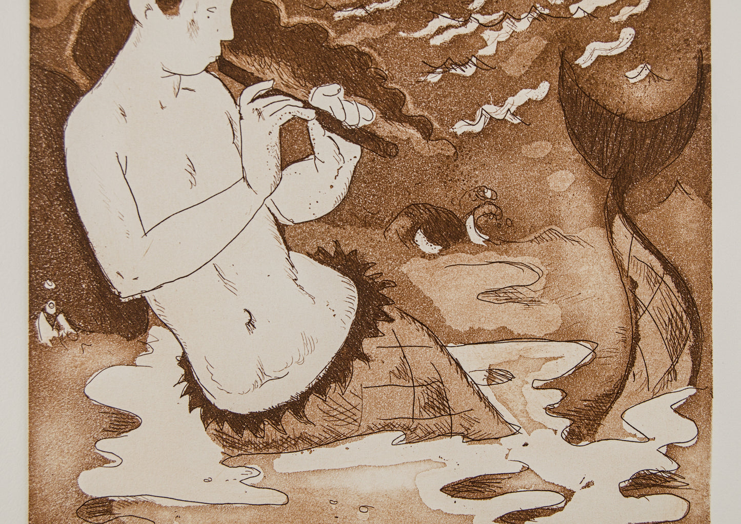 J. CARBONELL | LA SIRENA Y EL VELERO (MITOLOGÍA MARÍTIMA) | PRUEBA DE AUTOR (P.A.) | AGUAFUERTE EN SEPIA