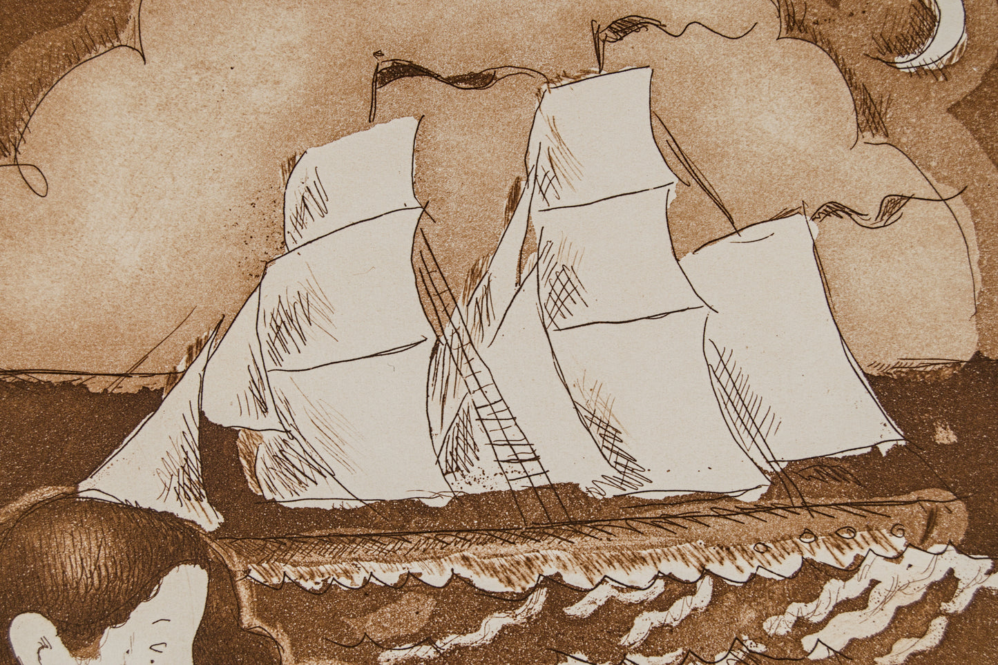 J. CARBONELL | LA SIRENA Y EL VELERO (MITOLOGÍA MARÍTIMA) | PRUEBA DE AUTOR (P.A.) | AGUAFUERTE EN SEPIA