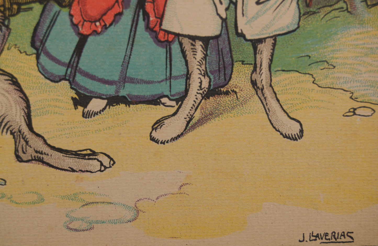 JOAN LLAVERÍAS | EL LOBO CAZADOR Y LOS CONEJOS | ILUSTRACIÓN A COLOR | MODERNISMO CATALÁN