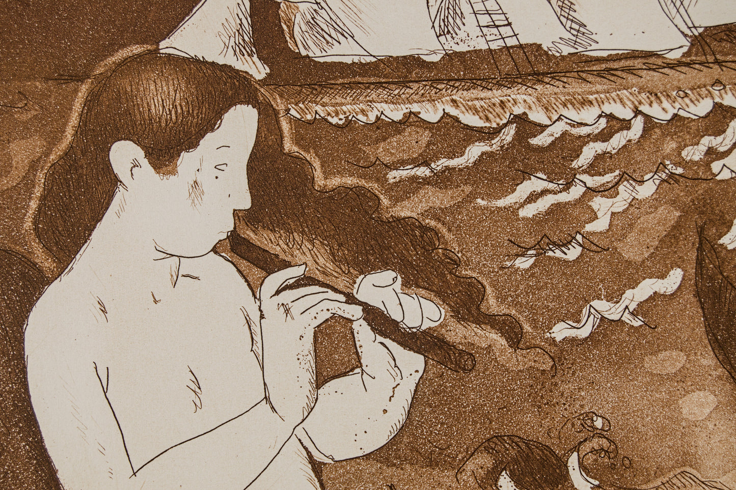 J. CARBONELL | LA SIRENA Y EL VELERO (MITOLOGÍA MARÍTIMA) | PRUEBA DE AUTOR (P.A.) | AGUAFUERTE EN SEPIA