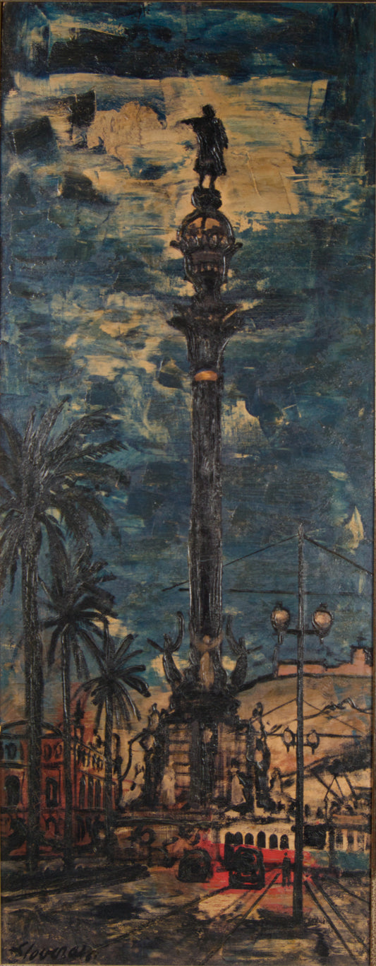 Frédéric Lloveras | Das Kolumbusdenkmal (Nacht) | Urbaner Postimpressionismus | Öl auf Holz