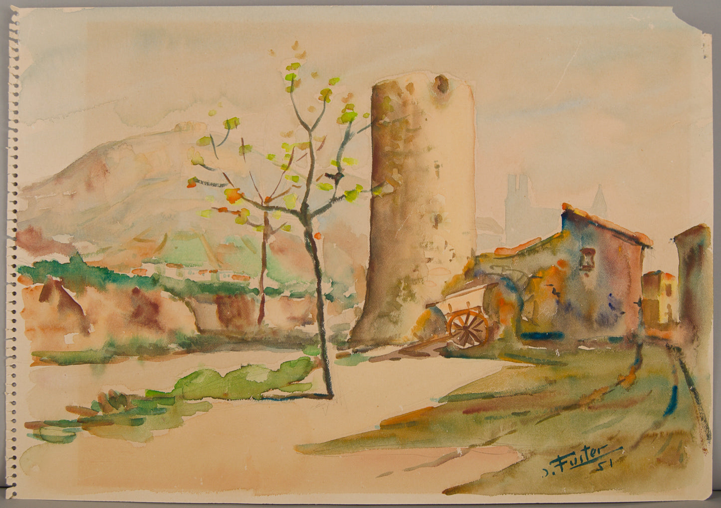 JOAN FUSTER GIMPERA | PAISAJE RURAL CON TORREÓN | ESCUELA DEL AMPURDÁN | ACUARELA SOBRE PAPEL