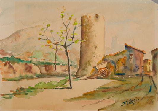 JOAN FUSTER GIMPERA | PAISAJE RURAL CON TORREÓN | ESCUELA DEL AMPURDÁN | ACUARELA SOBRE PAPEL