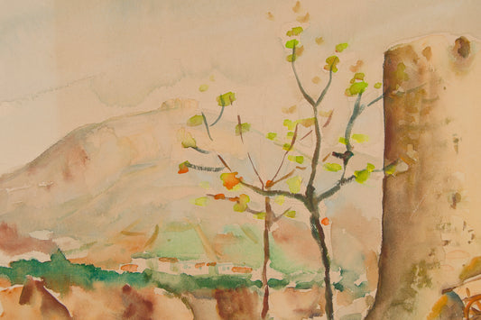 JOAN FUSTER GIMPERA | PAISAJE RURAL CON TORREÓN | ESCUELA DEL AMPURDÁN | ACUARELA SOBRE PAPEL