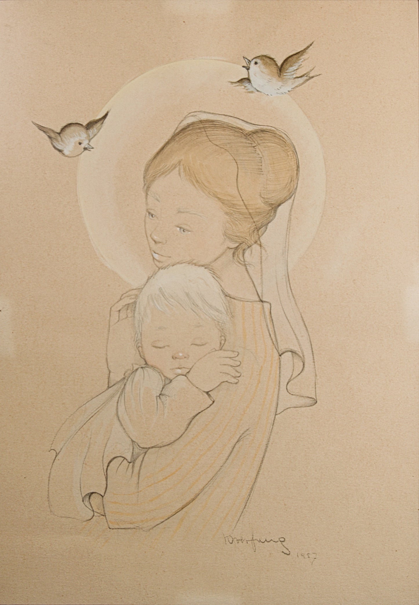 Roser Puig | Maternidad (Virgen con el Niño) (1957) | Técnica Mixta sobre Papel | Dibujo Académico Catalán