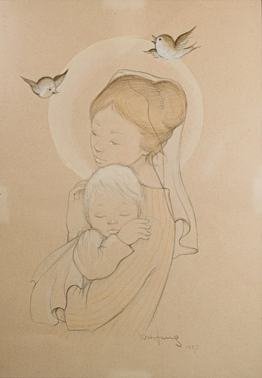 Roser Puig | Maternidad (Virgen con el Niño) (1957) | Técnica Mixta sobre Papel | Dibujo Académico Catalán