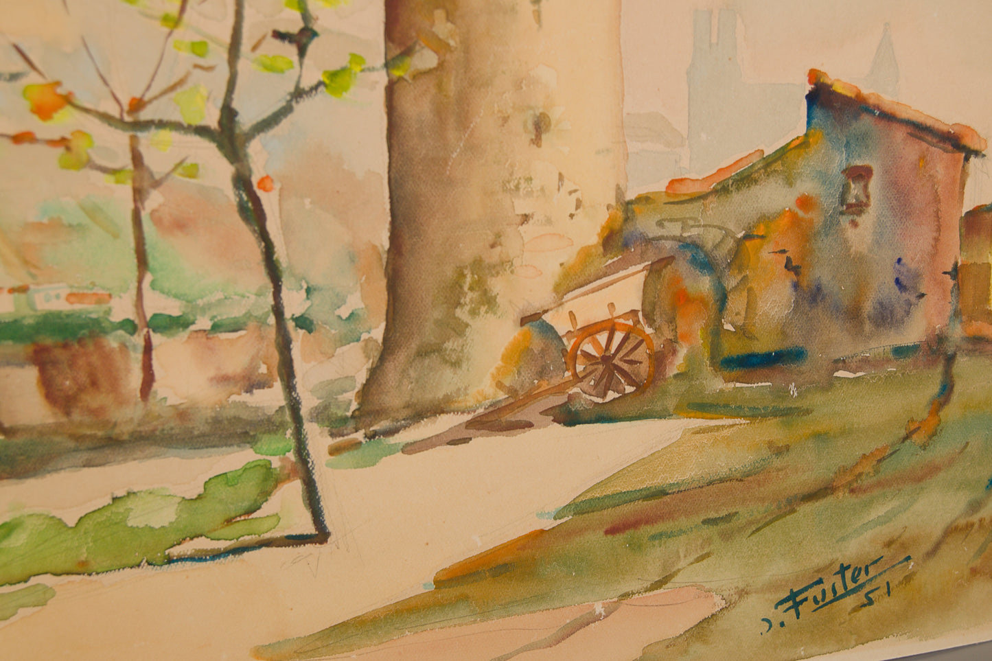 JOAN FUSTER GIMPERA | PAISAJE RURAL CON TORREÓN | ESCUELA DEL AMPURDÁN | ACUARELA SOBRE PAPEL