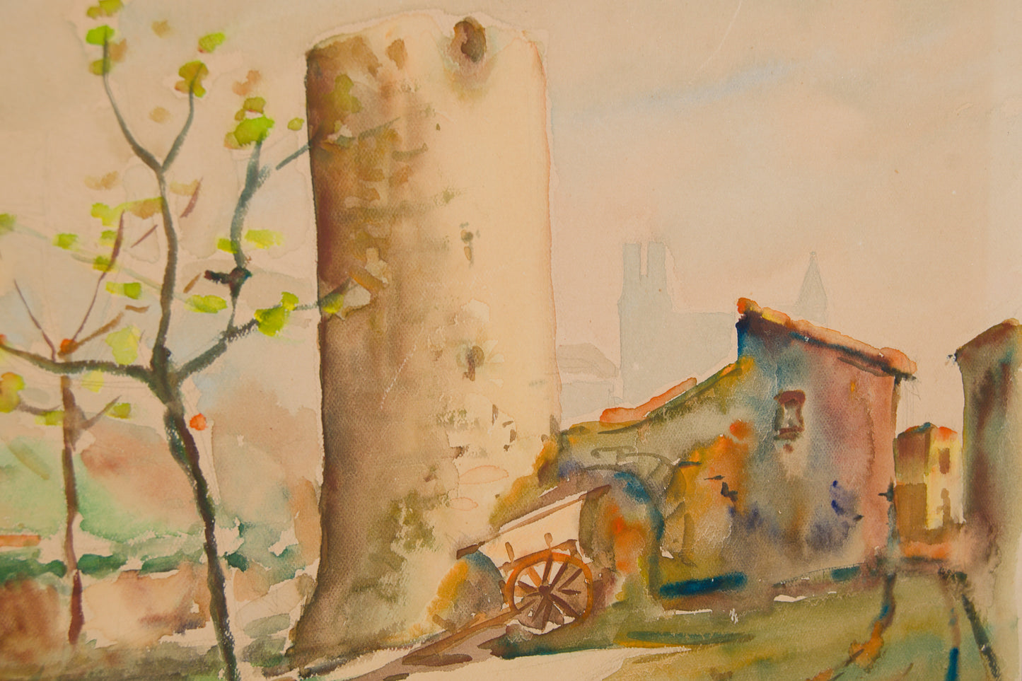 JOAN FUSTER GIMPERA | PAISAJE RURAL CON TORREÓN | ESCUELA DEL AMPURDÁN | ACUARELA SOBRE PAPEL