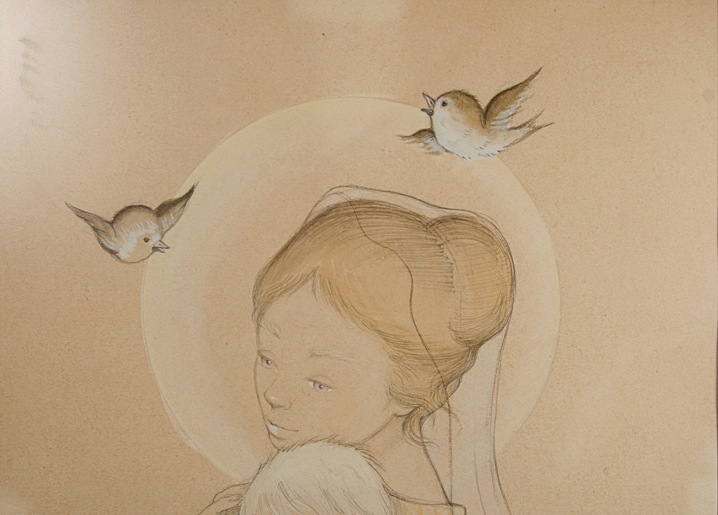 Roser Puig | Maternidad (Virgen con el Niño) (1957) | Técnica Mixta sobre Papel | Dibujo Académico Catalán