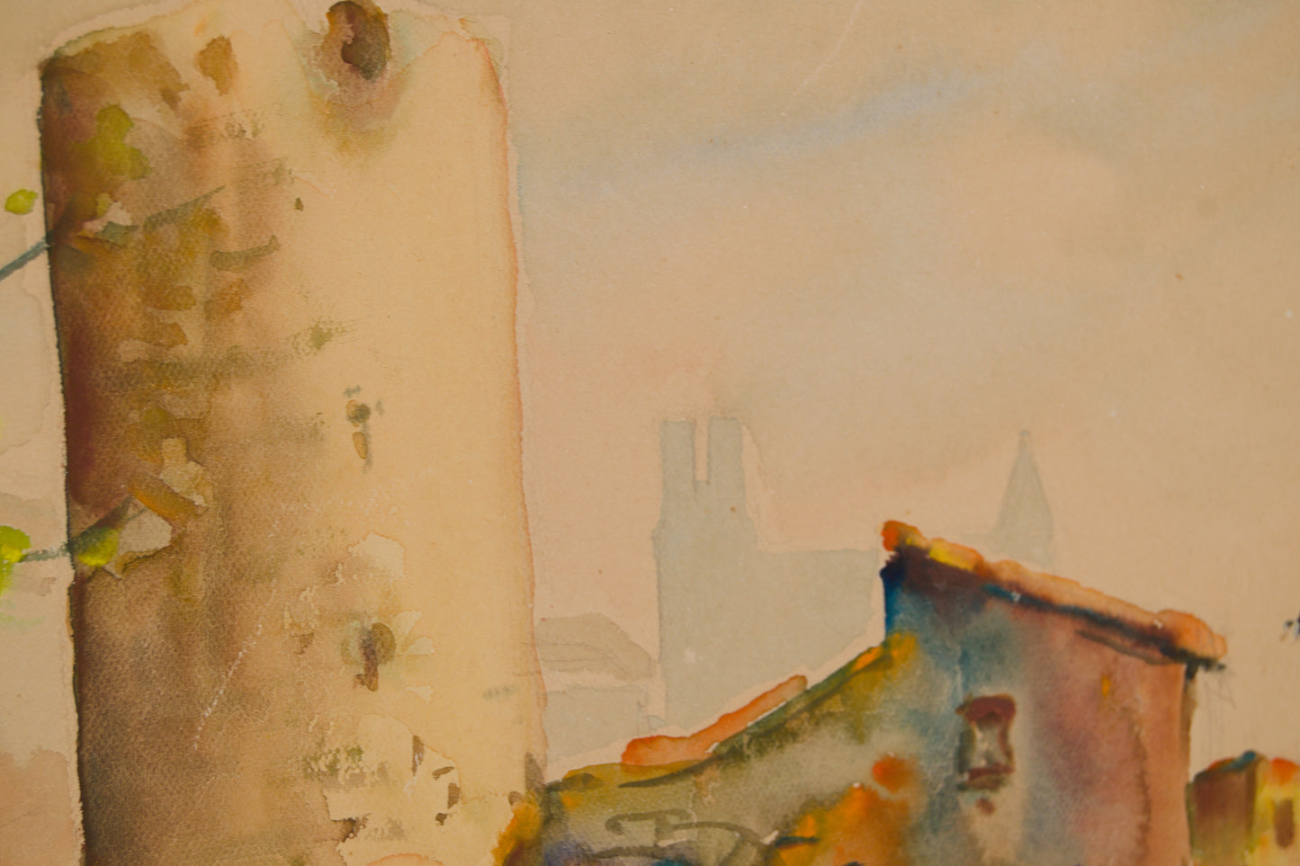 JOAN FUSTER GIMPERA | PAISAJE RURAL CON TORREÓN | ESCUELA DEL AMPURDÁN | ACUARELA SOBRE PAPEL