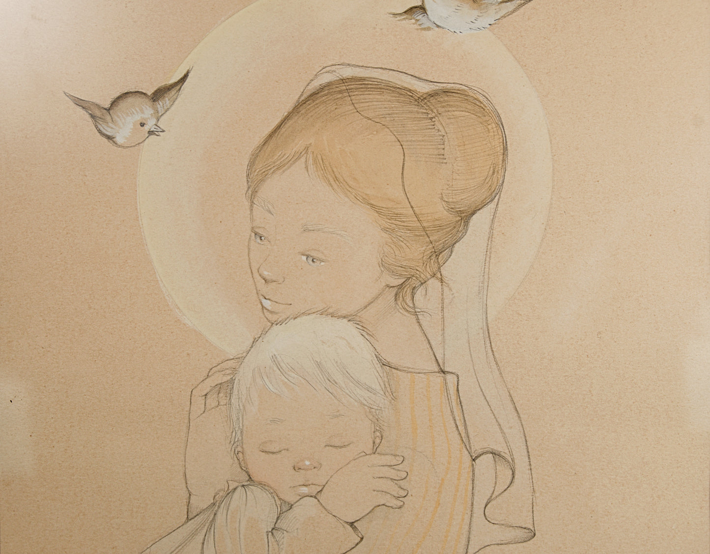 Roser Puig | Maternidad (Virgen con el Niño) (1957) | Técnica Mixta sobre Papel | Dibujo Académico Catalán