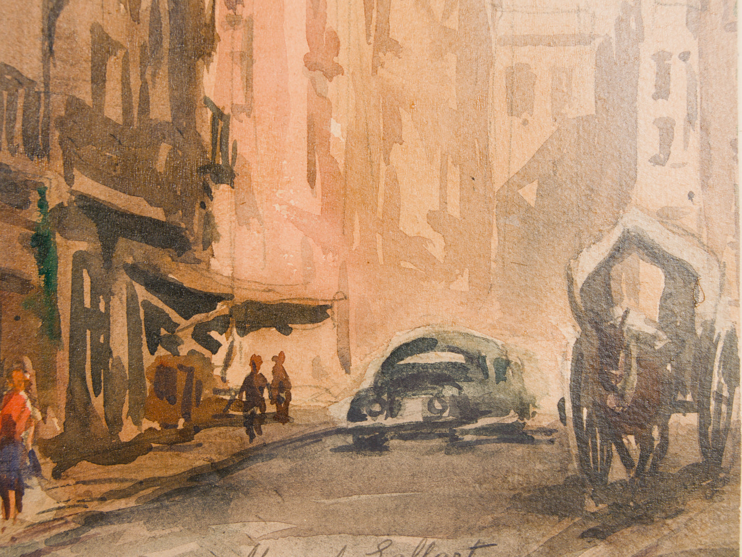 Mariano Brunet | Escena Urbana con Dedicatoria (1960) | Acuarela Original