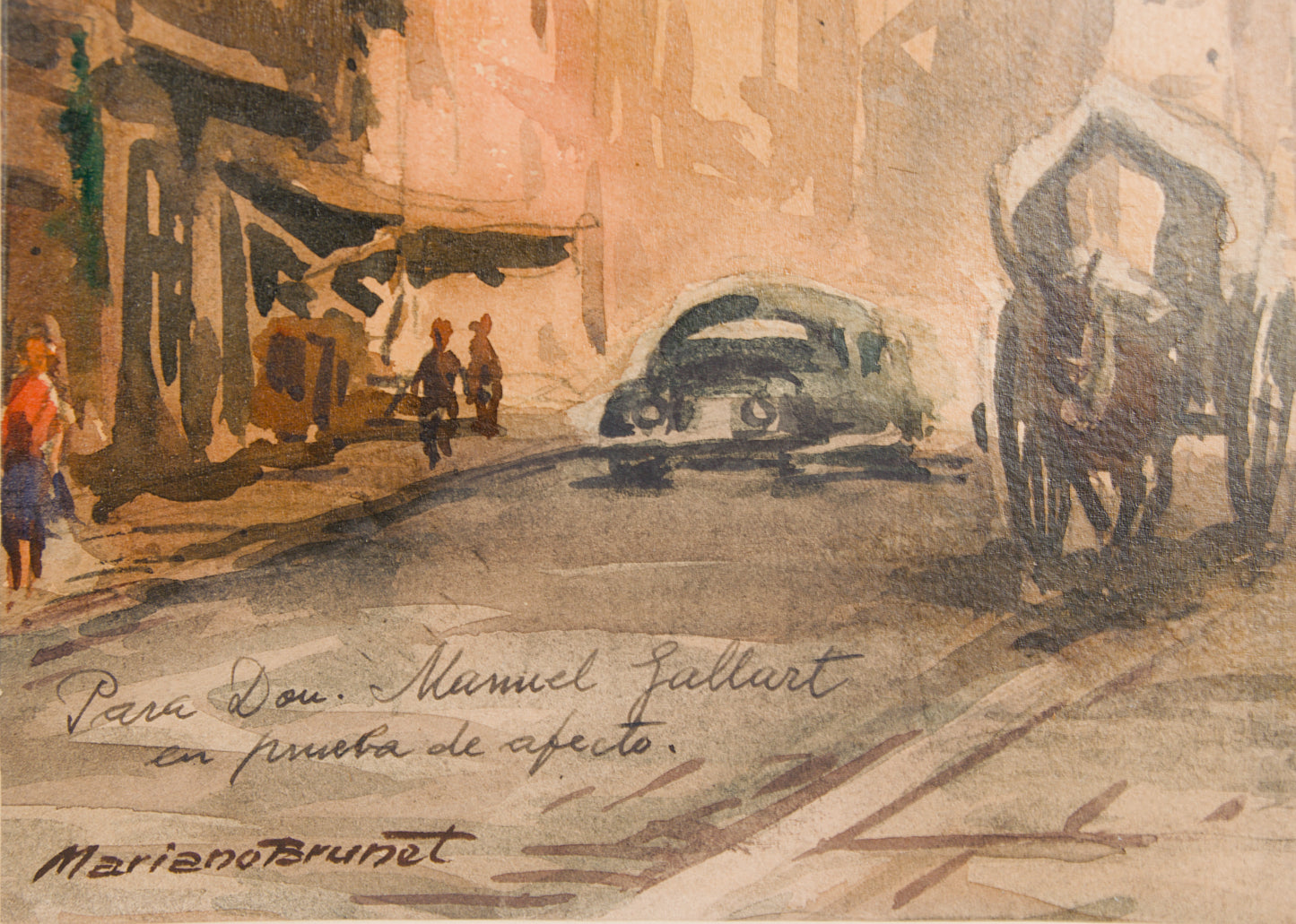 Mariano Brunet | Escena Urbana con Dedicatoria (1960) | Acuarela Original