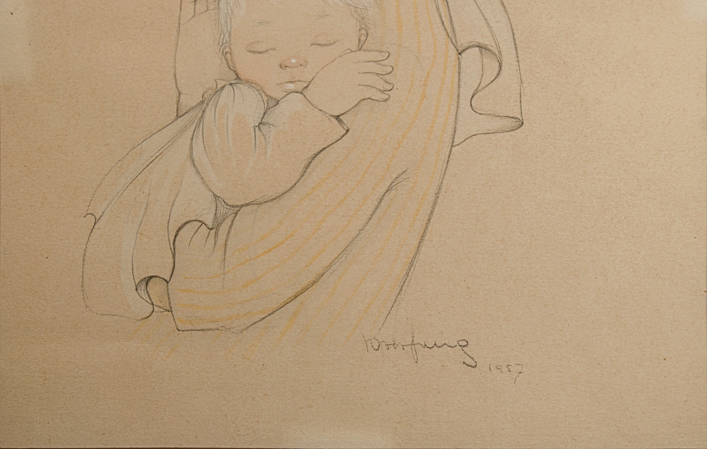 Roser Puig | Maternidad (Virgen con el Niño) (1957) | Técnica Mixta sobre Papel | Dibujo Académico Catalán