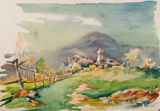 GUILLEM FRESQUET | PAISAJE RURAL CON CAMPANARIO (1952) | ACUARELA ORIGINAL | ESCUELA CATALANA