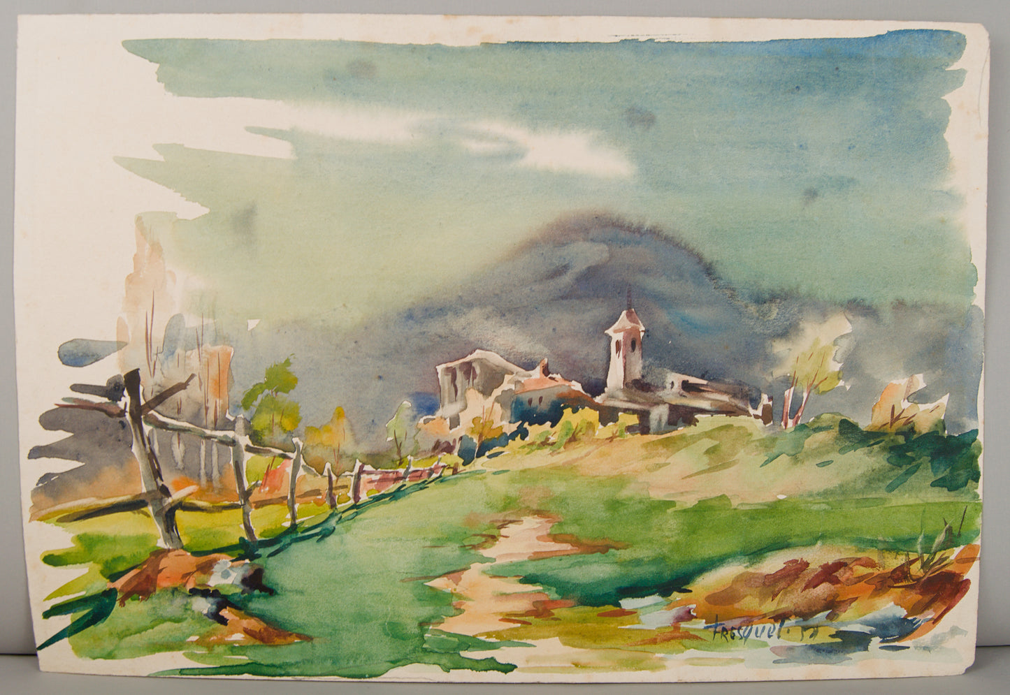 GUILLEM FRESQUET | PAISAJE RURAL CON CAMPANARIO (1952) | ACUARELA ORIGINAL | ESCUELA CATALANA