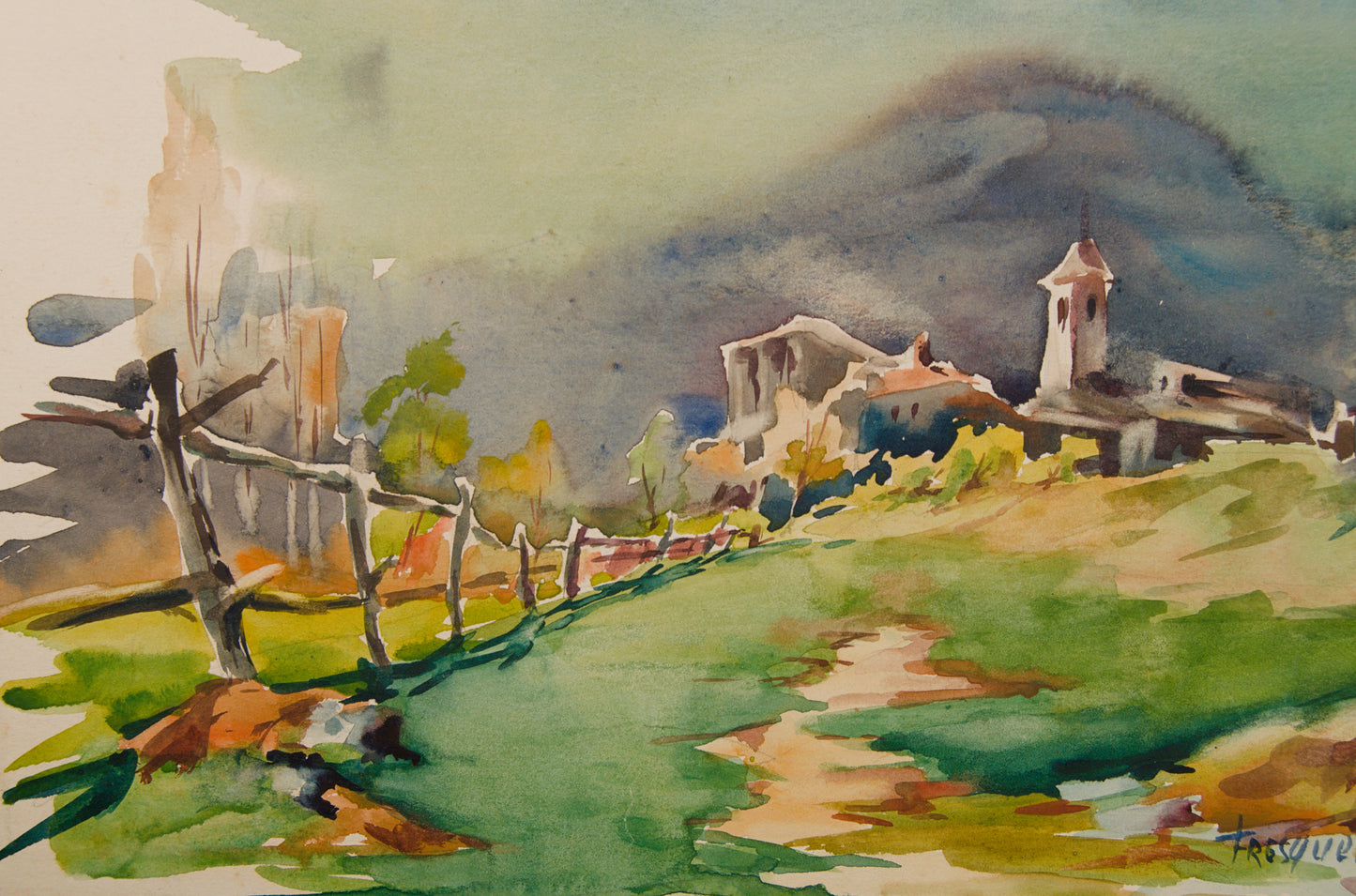 GUILLEM FRESQUET | PAISAJE RURAL CON CAMPANARIO (1952) | ACUARELA ORIGINAL | ESCUELA CATALANA